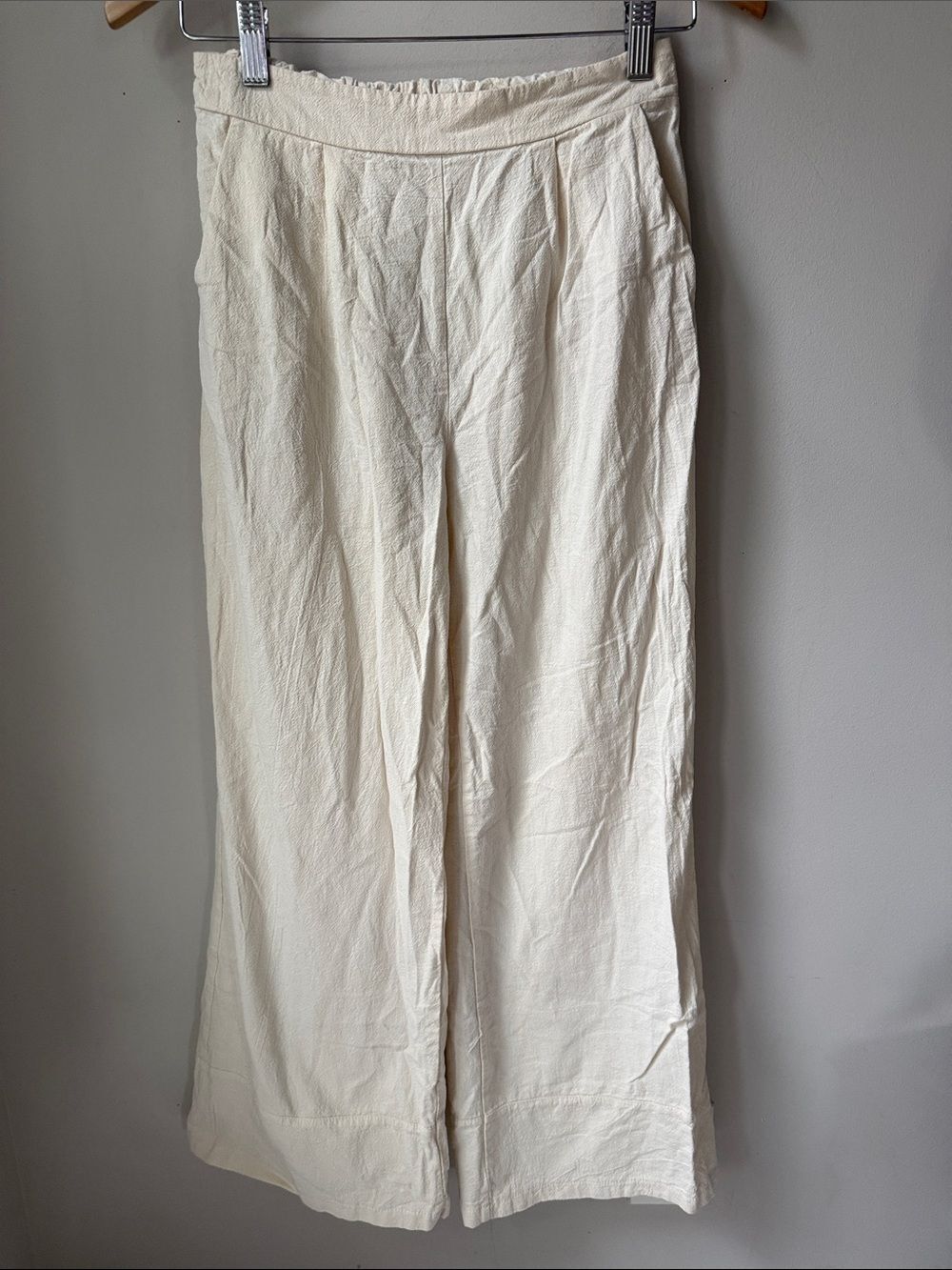 Cream Wide Leg Pull On Pants Textured Cotton Blend High Rise Casual Lounge